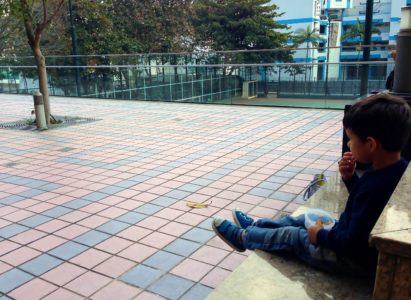 Eating snack on the outdoor terrace at Hong Kong Central Library