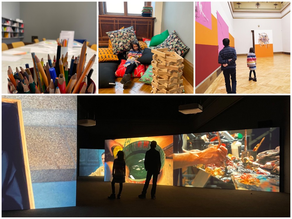 Collage image of Galerie Rudolfinum showing colouring pencils, corners with cushions, building blocks and large scale immersive exhibitions