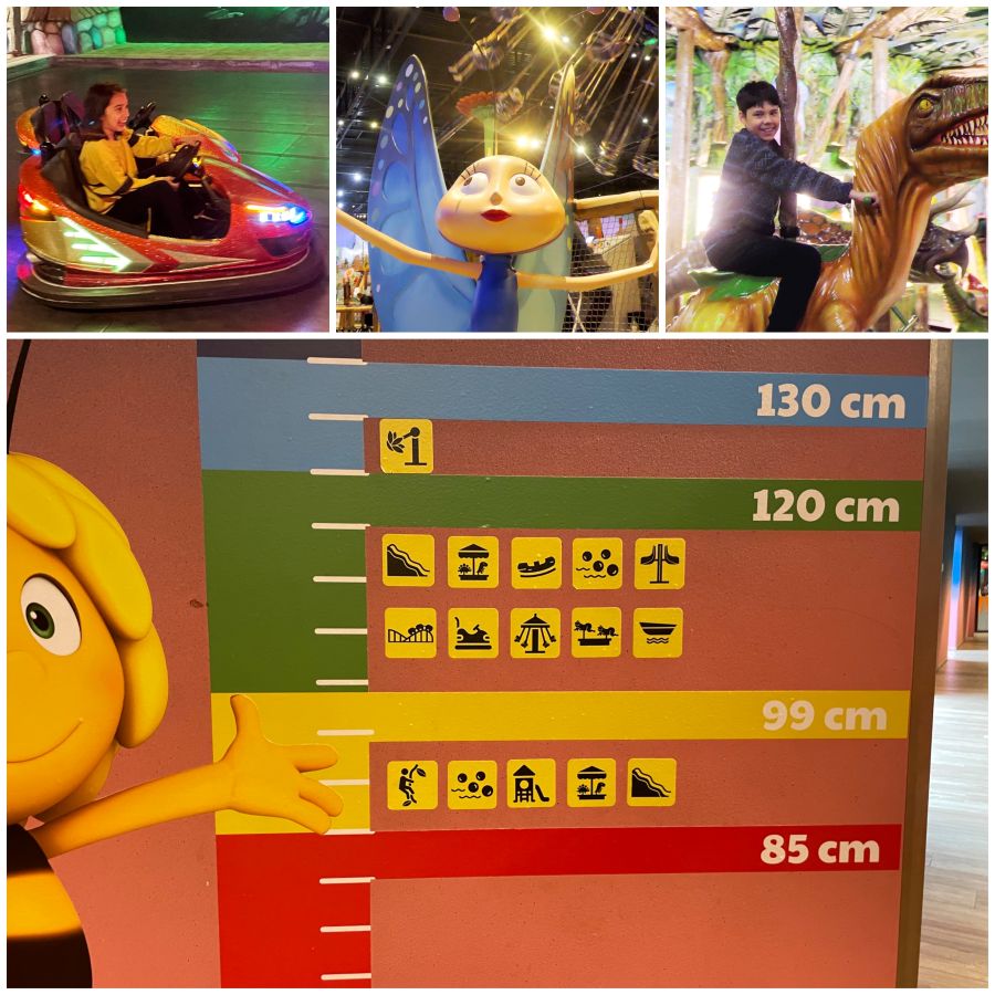 Height chart for Majaland in Prague, plus children riding bumper cares, dinosaur carosel and high swings