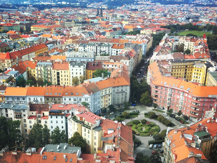 View of Prague from Zizkov TV Tower. One of the 74 fun things to do in Prague with kids. The Little Adventurer. 