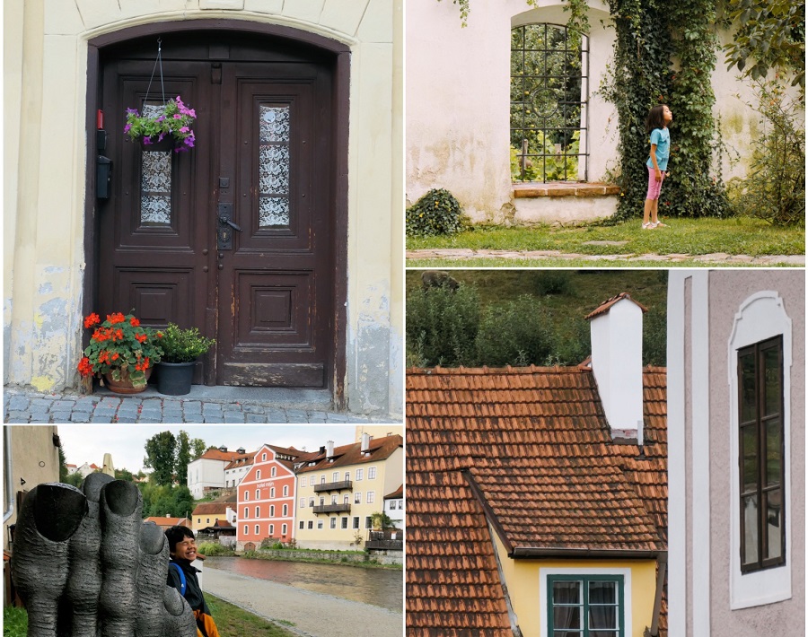 Four photos showing children exploring the historic centre of Cesky Krumlov, Czech Republic