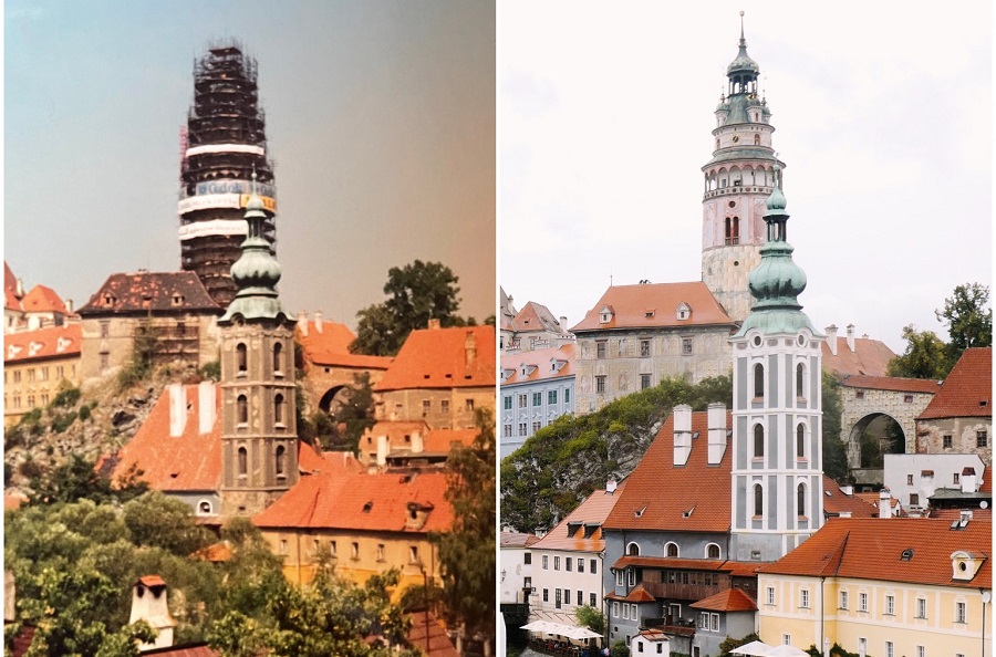 Two photos of the castle tower and historic centre of Cesky Krumlov - one from the 1990s and one from 2022. In the older photo the castle tower is under scaffolding.