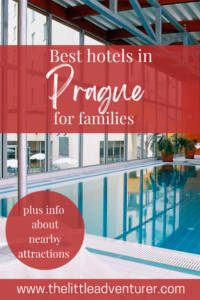 Text: Best hotels in Prague for families, plus inf about nearby attractions, www.thelittleadventurer.com. Photo: A indoor swimming pool with large window