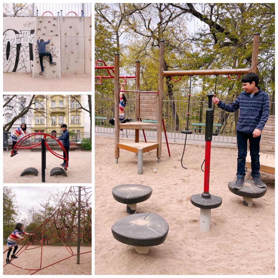 A variety of play equipment for children and teens in Stromovka park in Prague