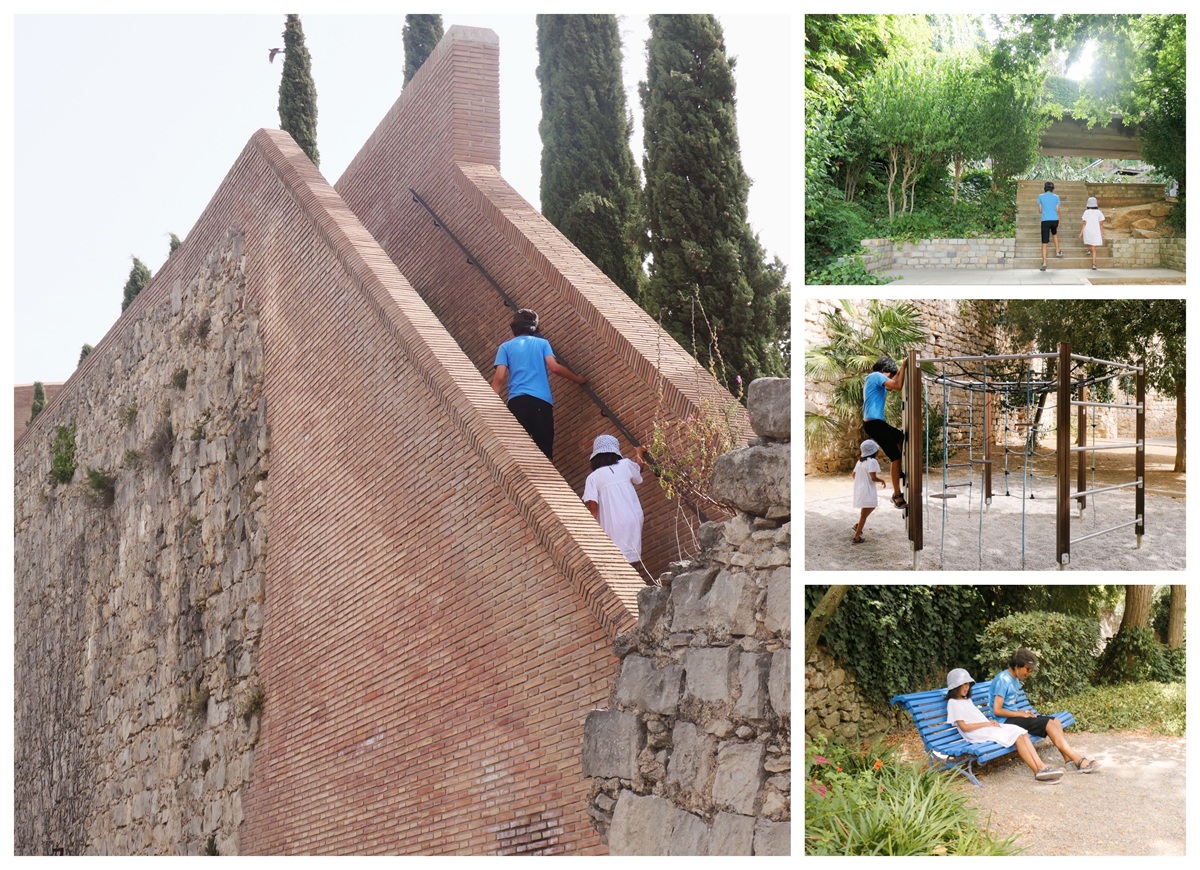 Collage of family walking Muralles de Girona, including a climbing frame enroute