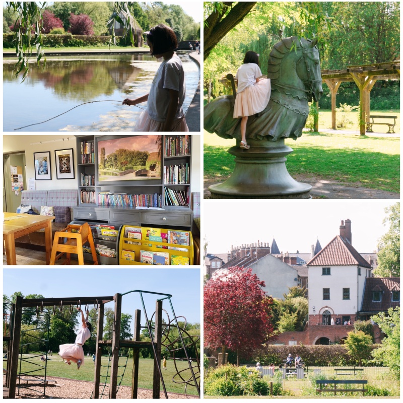 Collage of grassy park in York, showing playgrounds, horse statue, a reading cafe and pond